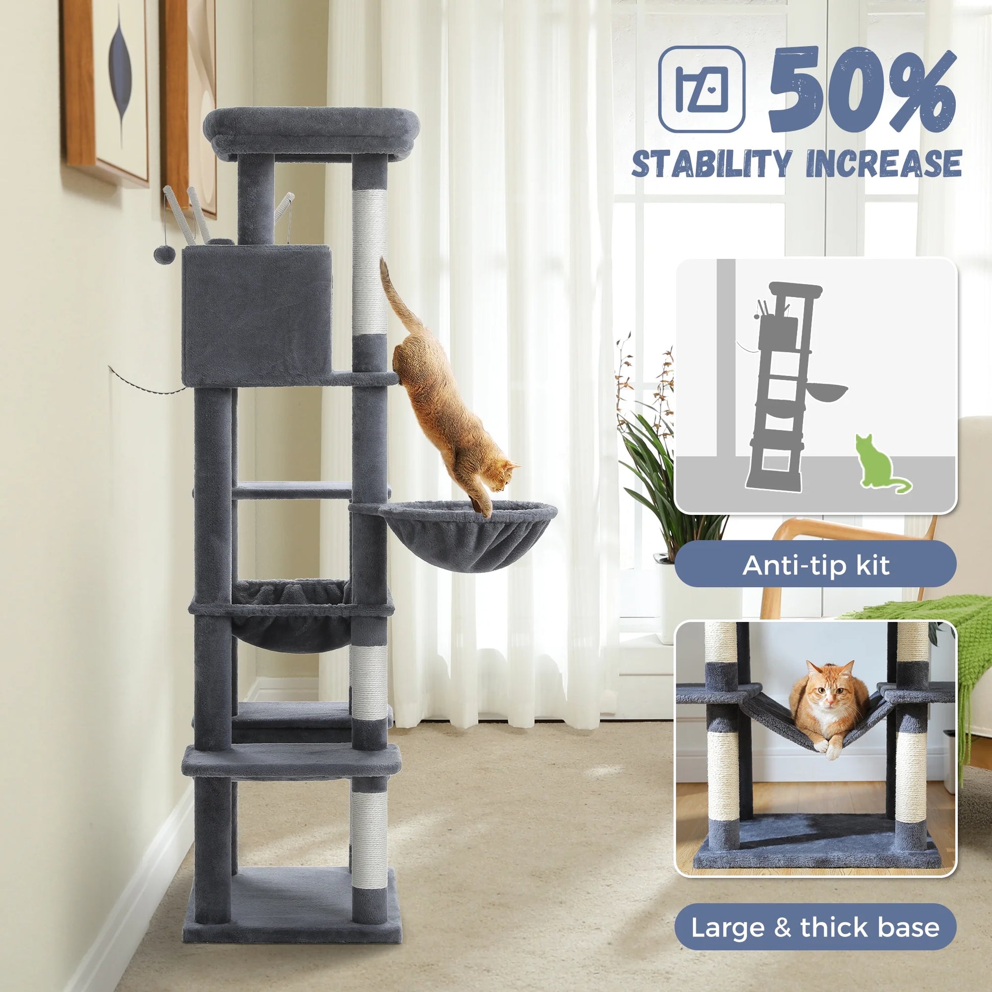 PAWZ Road 69" Cat Tree for Indoor Cats Multi-Level Cat Condo with Large Hammock Perch and 5 Scratching Posts, Dark Gray