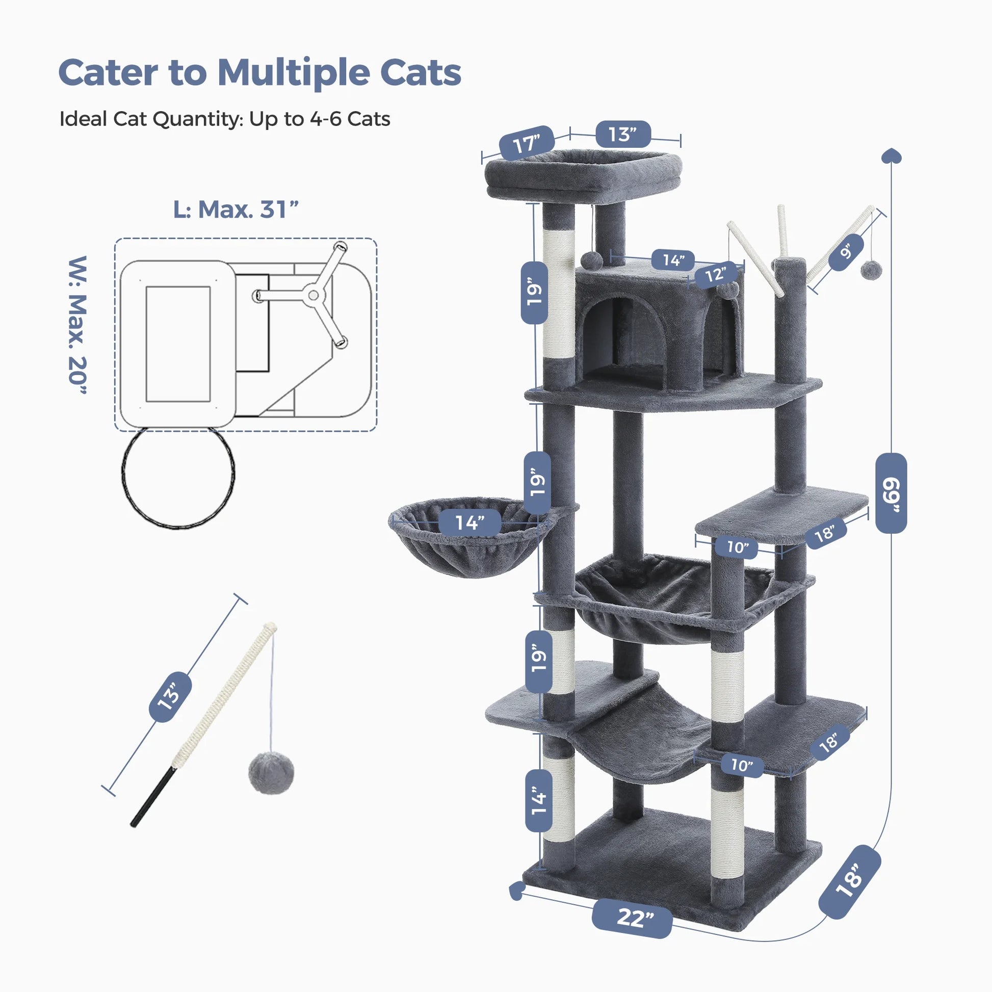 PAWZ Road 69" Cat Tree for Indoor Cats Multi-Level Cat Condo with Large Hammock Perch and 5 Scratching Posts, Dark Gray