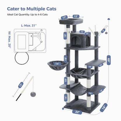 PAWZ Road 69" Cat Tree for Indoor Cats Multi-Level Cat Condo with Large Hammock Perch and 5 Scratching Posts, Dark Gray