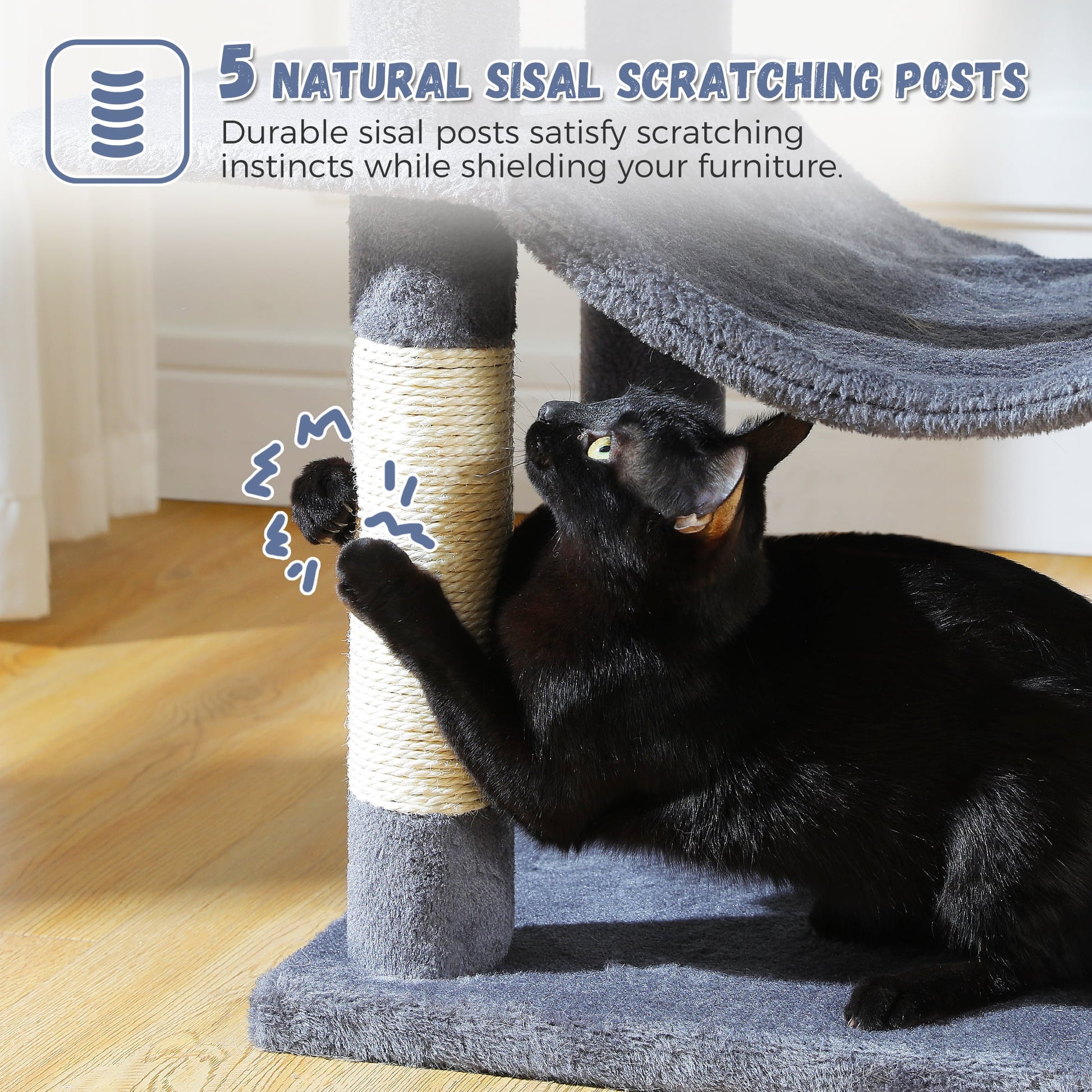 PAWZ Road 69" Cat Tree for Indoor Cats Multi-Level Cat Condo with Large Hammock Perch and 5 Scratching Posts, Dark Gray