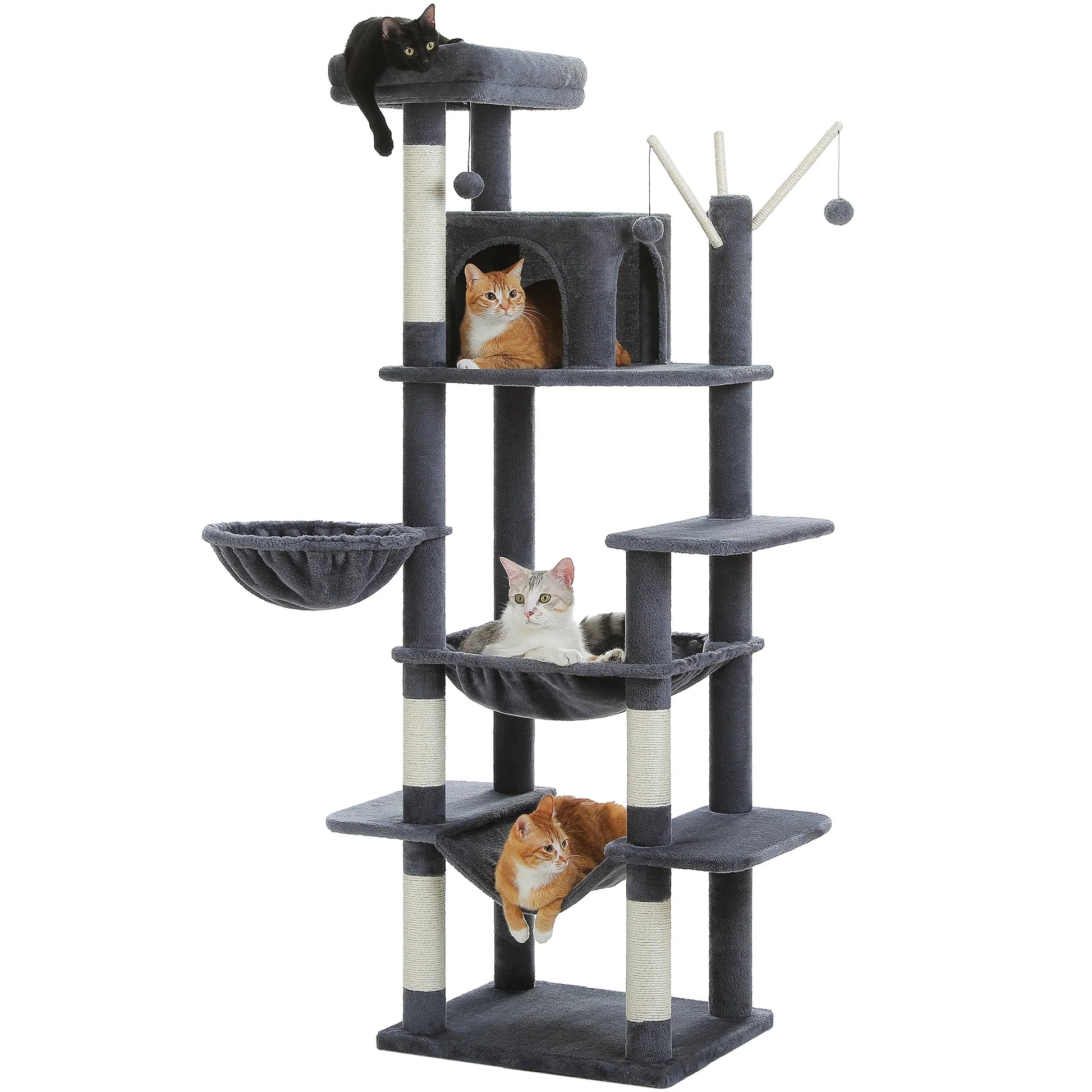 PAWZ Road 69" Cat Tree for Indoor Cats Multi-Level Cat Condo with Large Hammock Perch and 5 Scratching Posts, Dark Gray