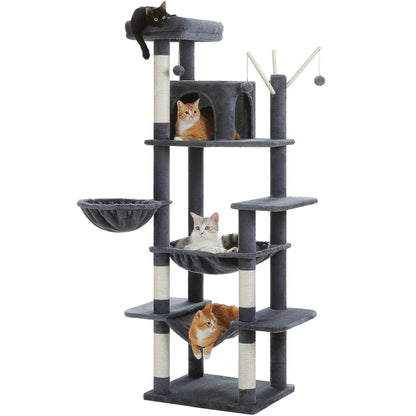 PAWZ Road 69" Cat Tree for Indoor Cats Multi-Level Cat Condo with Large Hammock Perch and 5 Scratching Posts, Dark Gray