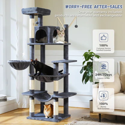 PAWZ Road 69" Cat Tree for Indoor Cats Multi-Level Cat Condo with Large Hammock Perch and 5 Scratching Posts, Dark Gray
