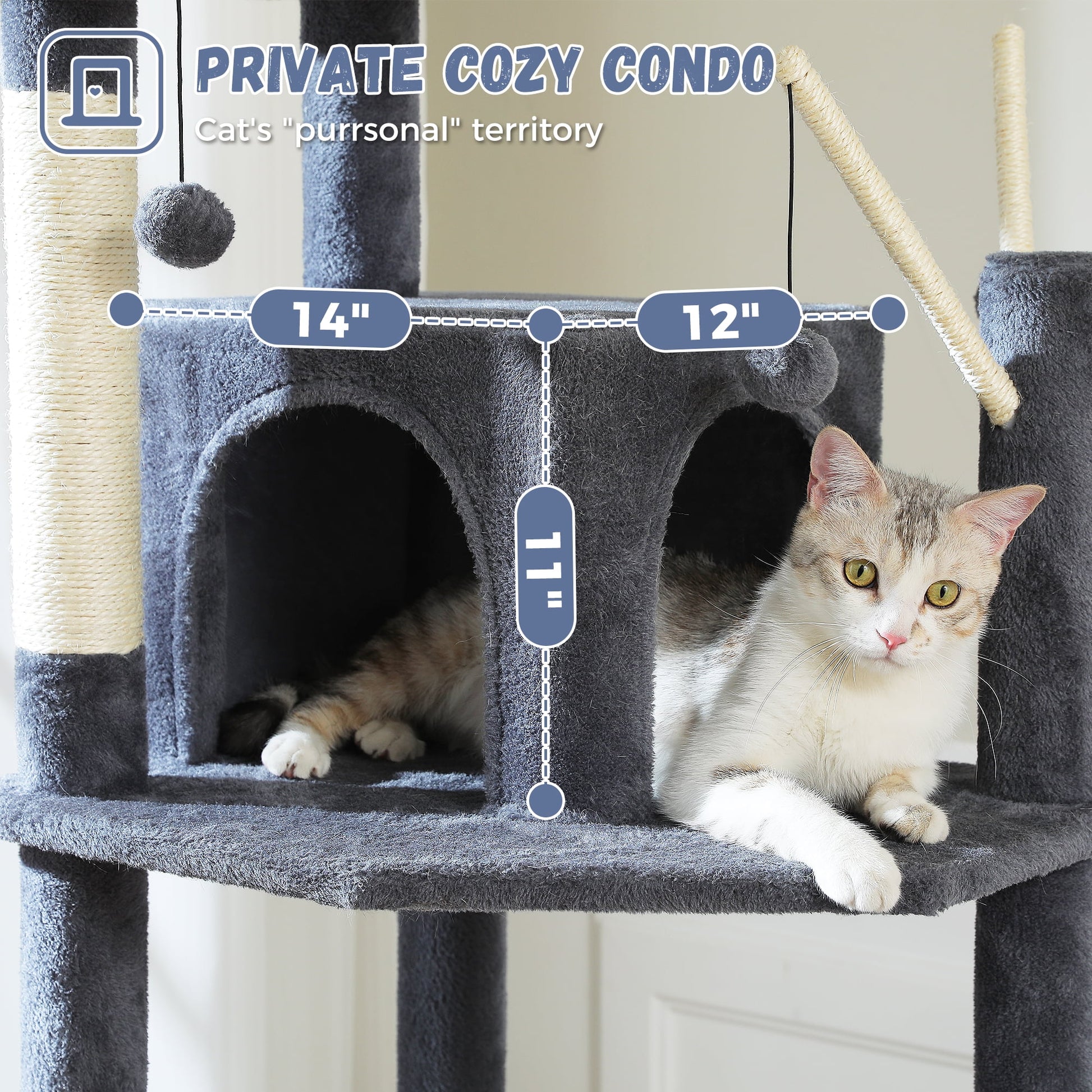 PAWZ Road 69" Cat Tree for Indoor Cats Multi-Level Cat Condo with Large Hammock Perch and 5 Scratching Posts, Dark Gray
