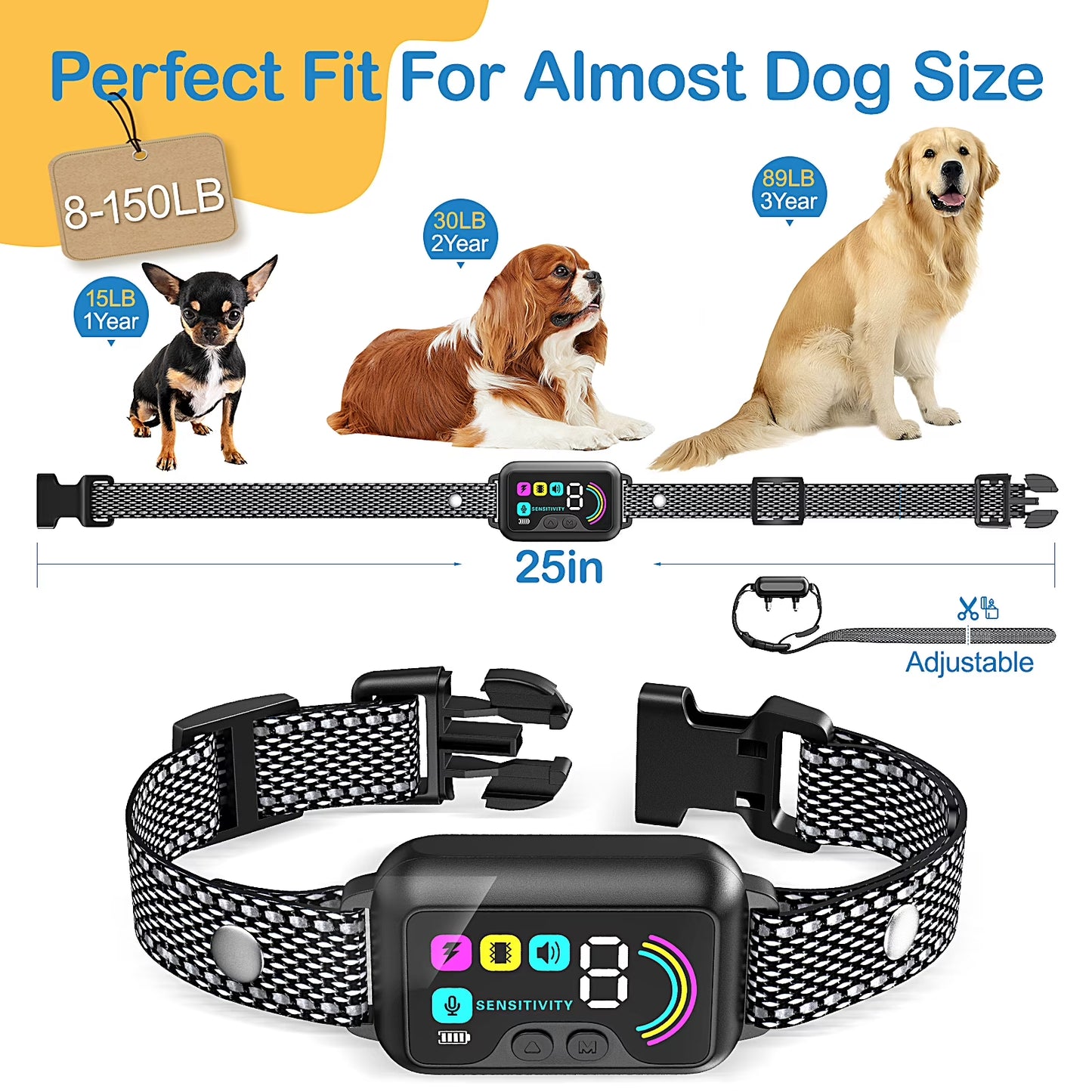 Bark Collar, Dog Bark Collar for Large Medium Small Dogs,Smart Bark Collar,Rechargeable Stop Barking Training Collar with 8 Adjustable Sensitivity Beep Vibration Shock