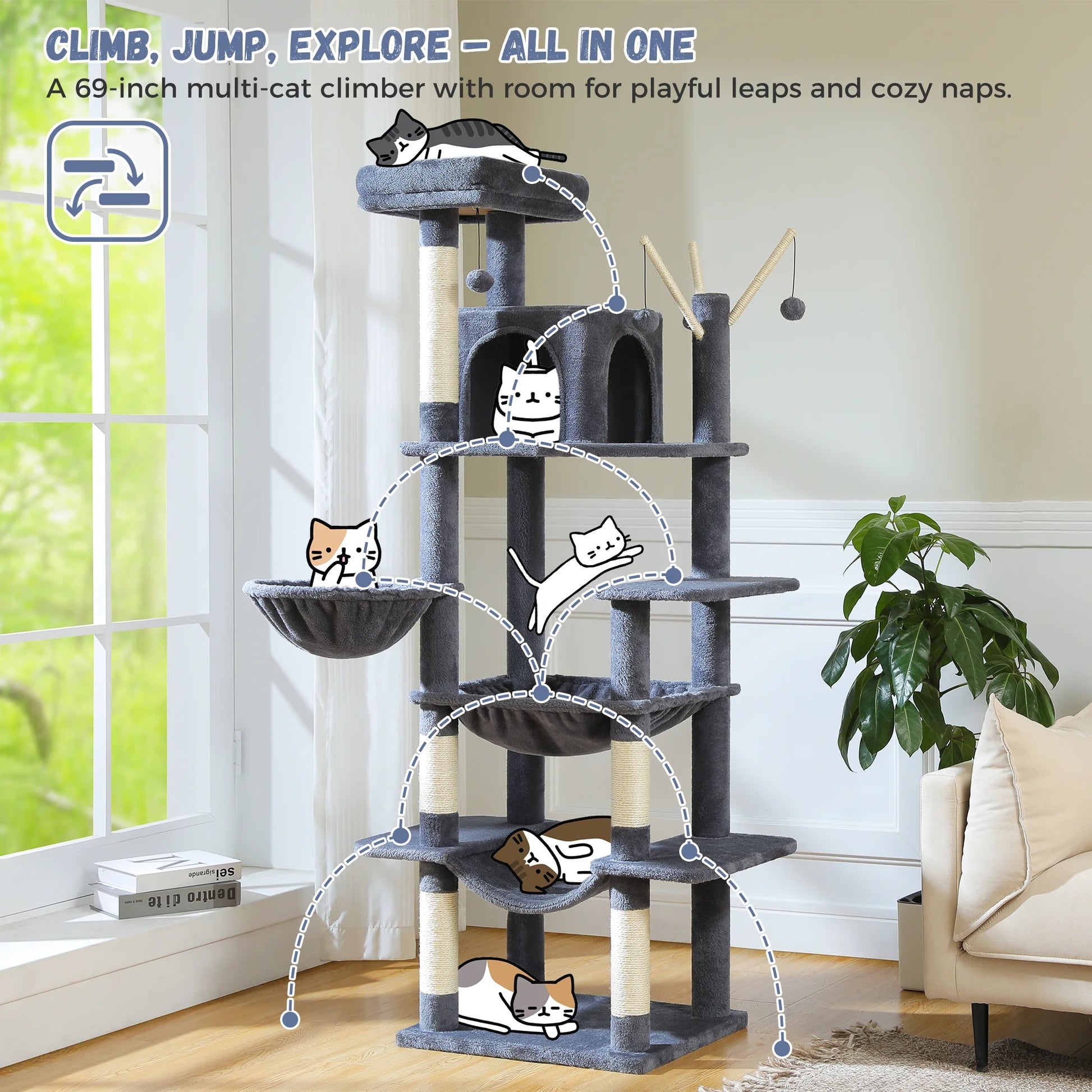PAWZ Road 69" Cat Tree for Indoor Cats Multi-Level Cat Condo with Large Hammock Perch and 5 Scratching Posts, Dark Gray
